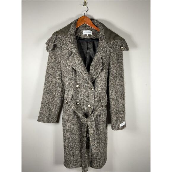 Calvin Klein Women’s Tweed Wool Belted Military Pea Coat size 10 Knit Collar - Picture 1 of 14